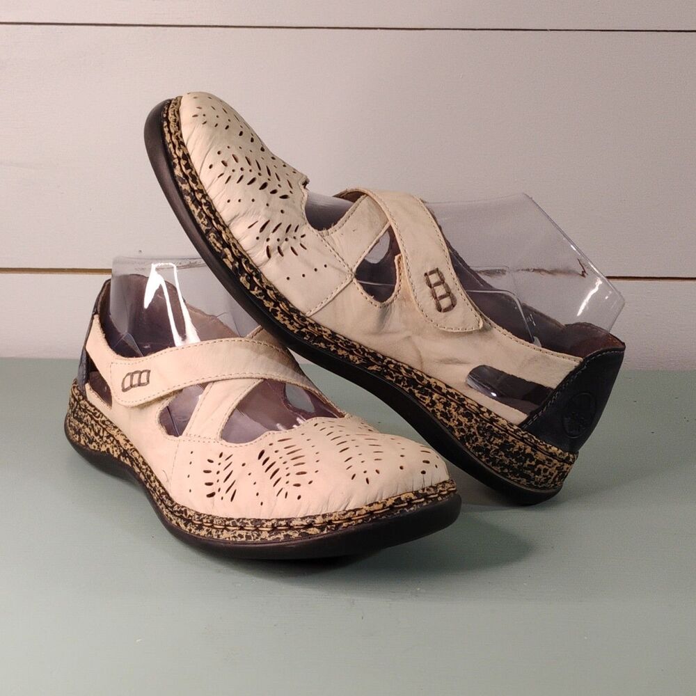 Rieker Antistress Mary Jane Comfort Shoes Ivory/Navy Leather Hook & Loop US 8